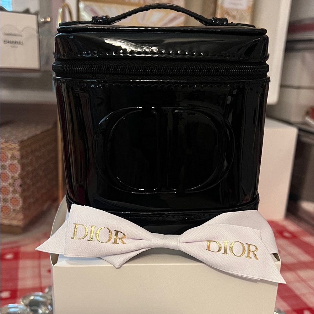 Dior Black Patent Makeup Train Case with White Gold-Logo Bow